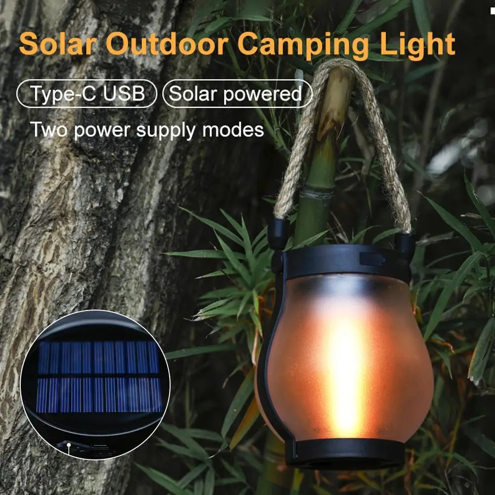 Solar Flame Lamp Rechargeable Hanging Courtyard Decoration Garden Lantern Lighting Lamp with Hemp Rope Outdoor Camping Lamp