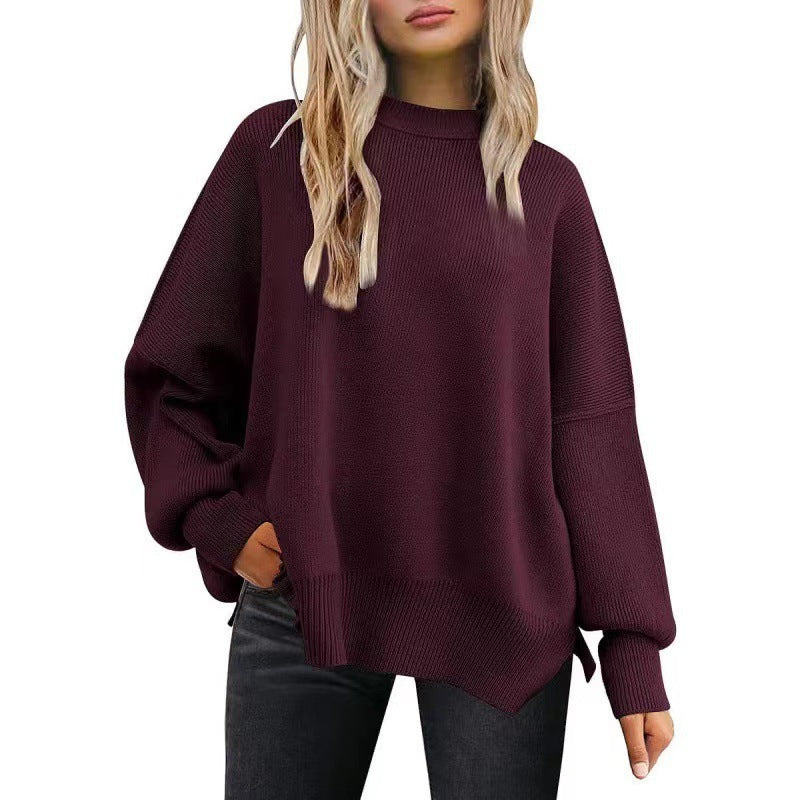 Round-neck batwing long-sleeved sweater
