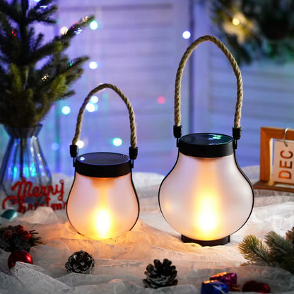 Solar Flame Lamp Rechargeable Hanging Courtyard Decoration Garden Lantern Lighting Lamp with Hemp Rope Outdoor Camping Lamp