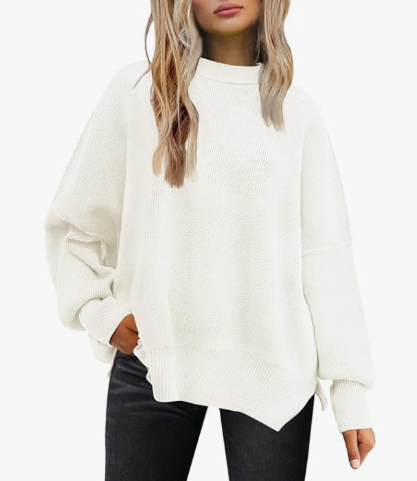 Round-neck batwing long-sleeved sweater