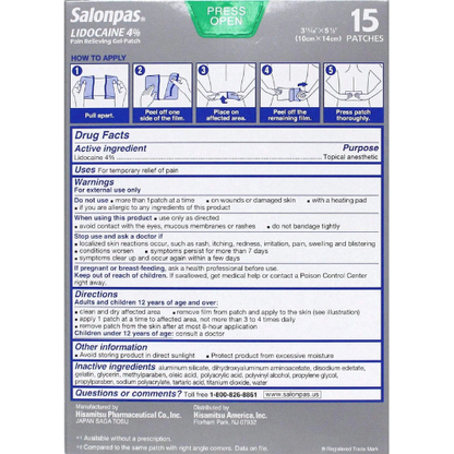 Salonpas Licodaine Pain Relieving Maximum Strength Gel Patch 15 Patches - 2 Pack