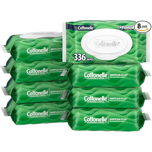 Cottonelle GentlePlus Flushable Wet Wipes with Aloe & Vitamin E, 8 Flip-Top Packs, 42 Wipes Per Pack (336 Total Wipes), Packaging May Vary