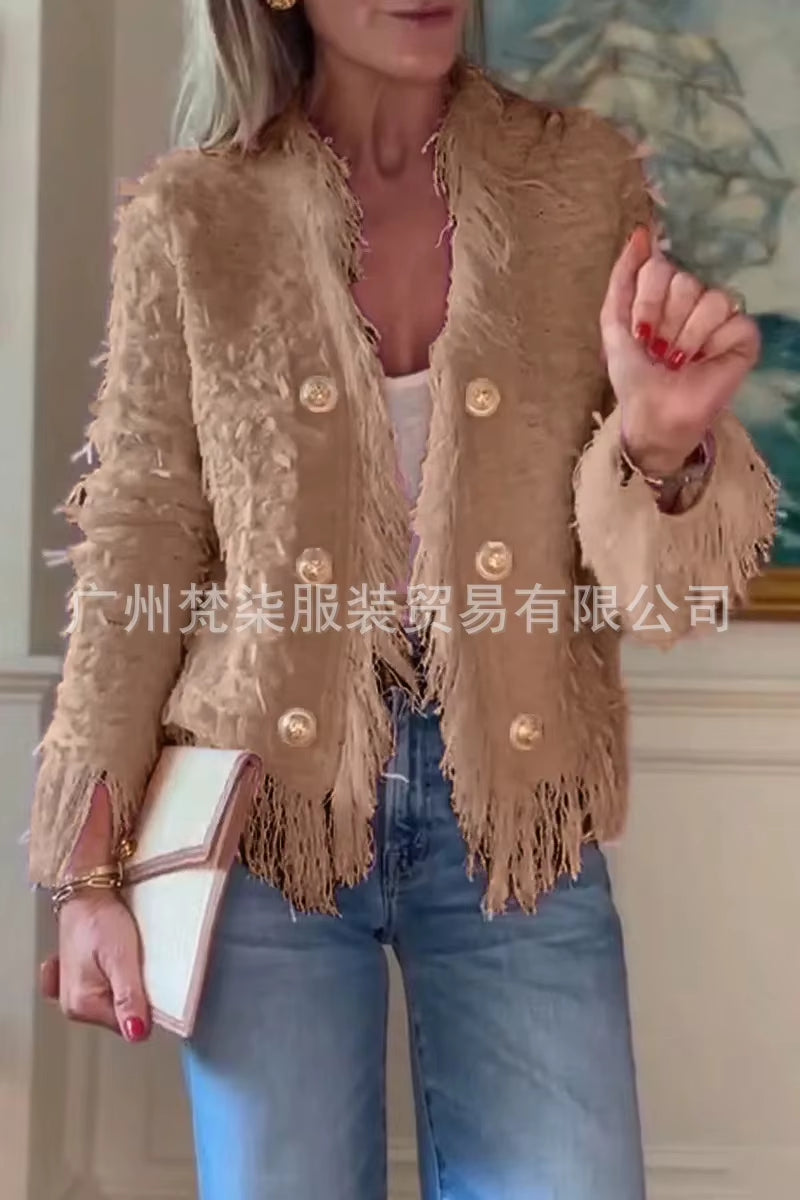 Fashion Metal Button Short Jacket Women Solid Color Autumn Button round Neck Jacket for Women 2025