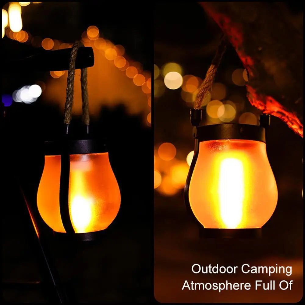 Solar Flame Lamp Rechargeable Hanging Courtyard Decoration Garden Lantern Lighting Lamp with Hemp Rope Outdoor Camping Lamp